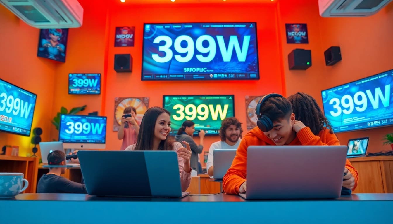 Engaging scene of diverse gamers using the 399W platform in a vibrant online environment.