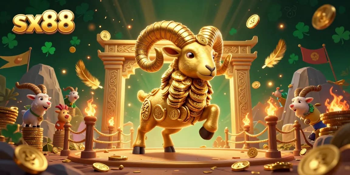 SX88 showcases a vibrant 3D casino scene with a golden ram charging through a temple gate, radiating excitement.