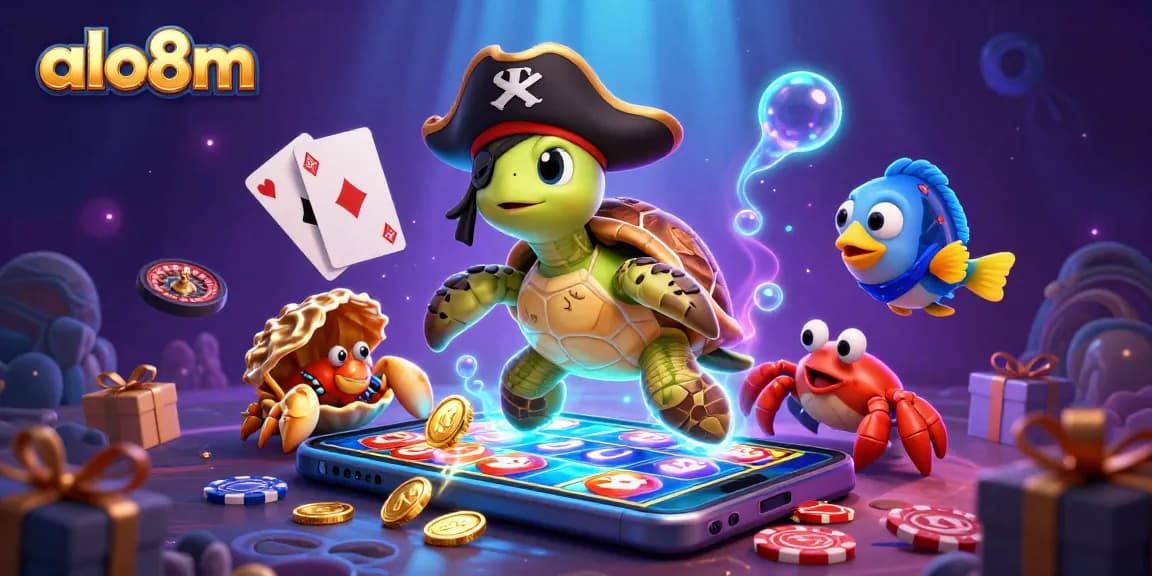Experience gambling excitement with alo8m's vibrant scene featuring a pirate turtle and casino elements.
