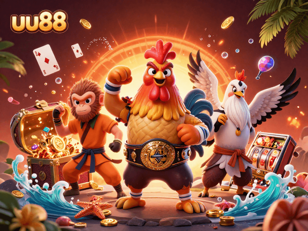 Engage with the vibrant world of uu88, witnessing a fierce Muay Thai rooster and a Shaolin monkey at a dynamic casino scene.