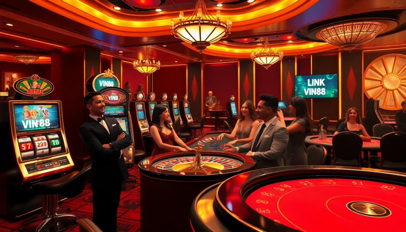 Experience excitement at LINK VIN88 with professionals at engaging casino tables and vibrant slot machines.
