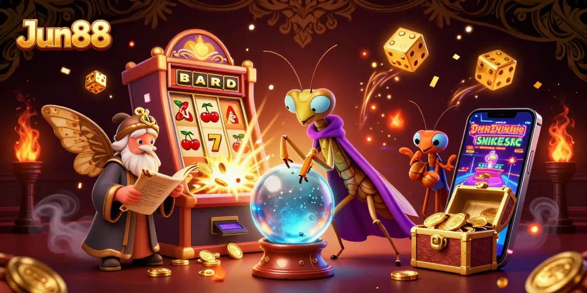 Experience vibrant Jun88 gaming action with a mystical fortune teller and engaging slot machine elements.