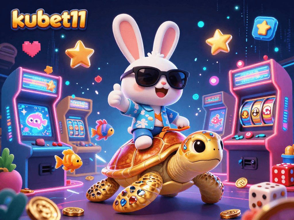 Engage with kubet11’s vibrant atmosphere featuring a lucky rabbit and a golden turtle amidst exciting casino elements.