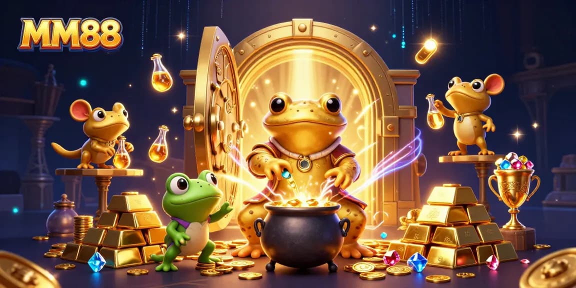 Experience MM88's thrilling casino environment with a vibrant scene of golden treasures.