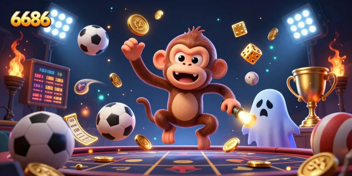 Experience the thrilling 6686 casino scene where a mischievous monkey juggles golden items amidst dynamic sports elements.