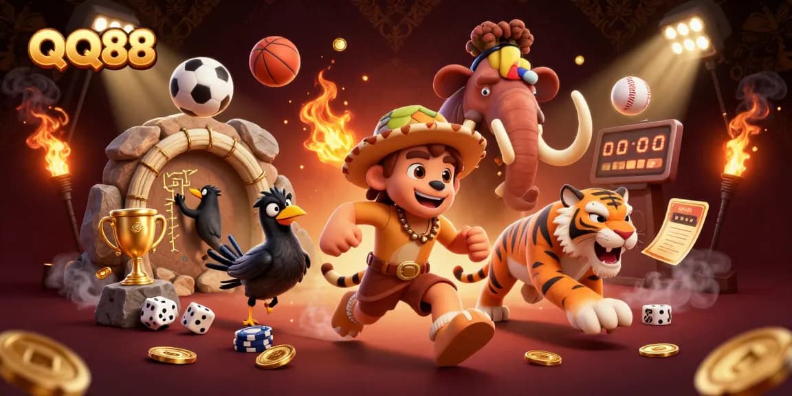 Experience thrilling action with QQ88 as prehistoric characters run a dynamic casino filled with colorful game elements.