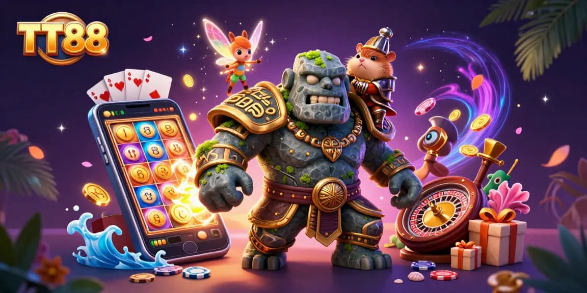 Experience exciting gameplay with TT88 as a golem guardian and companions celebrate with slots and magic.