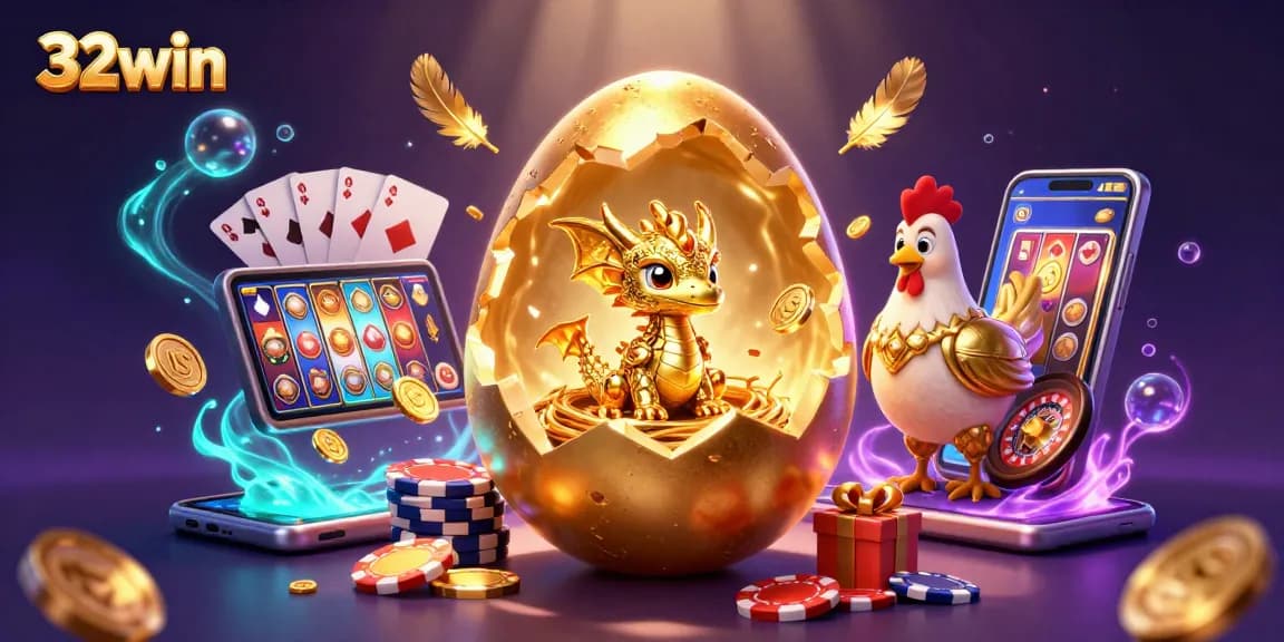 Experience the excitement of 32win as a golden dragon emerges in a vibrant casino scene filled with poker chips and games.