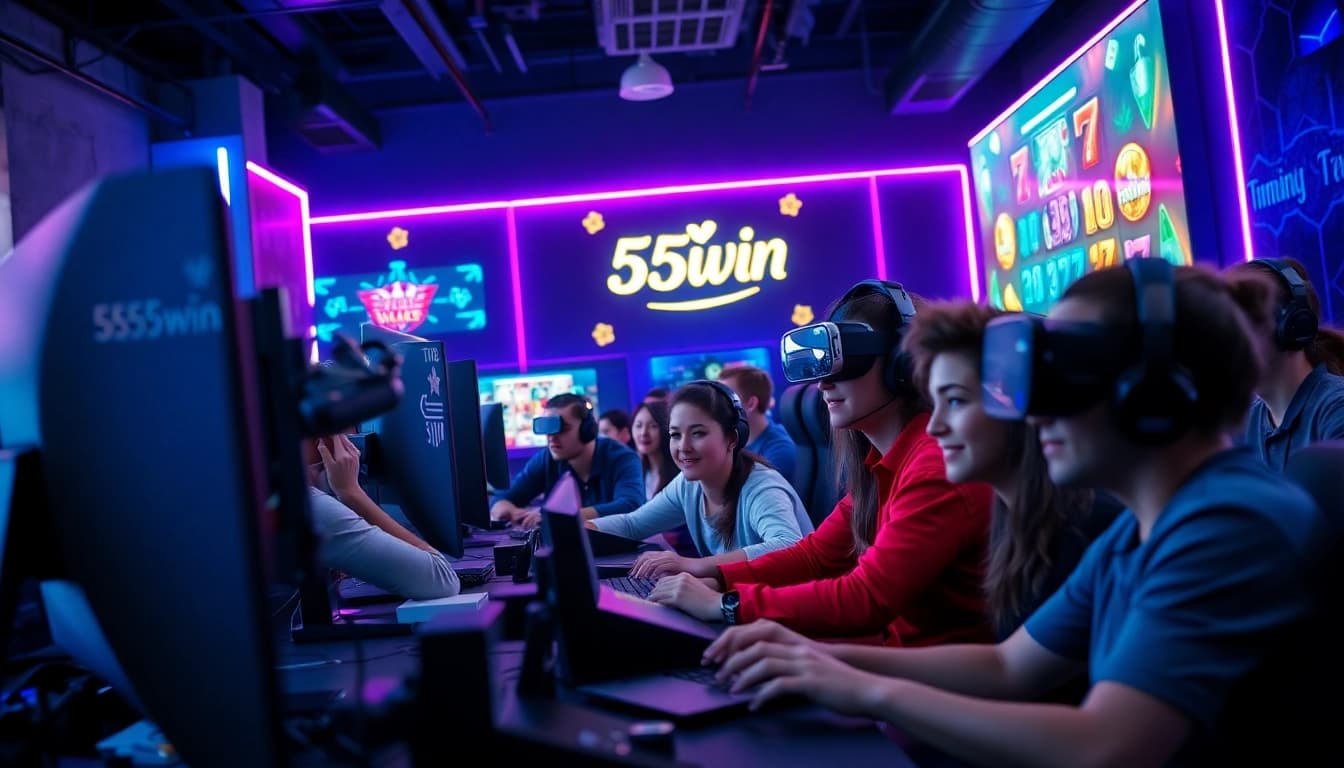 Exciting gaming atmosphere featuring 555win and diverse gamers engaged.