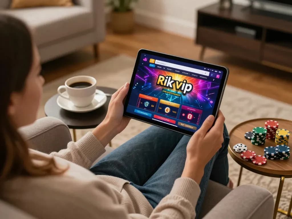 Person engaging with the rik vip online casino app on tablet in a cozy gaming setup.