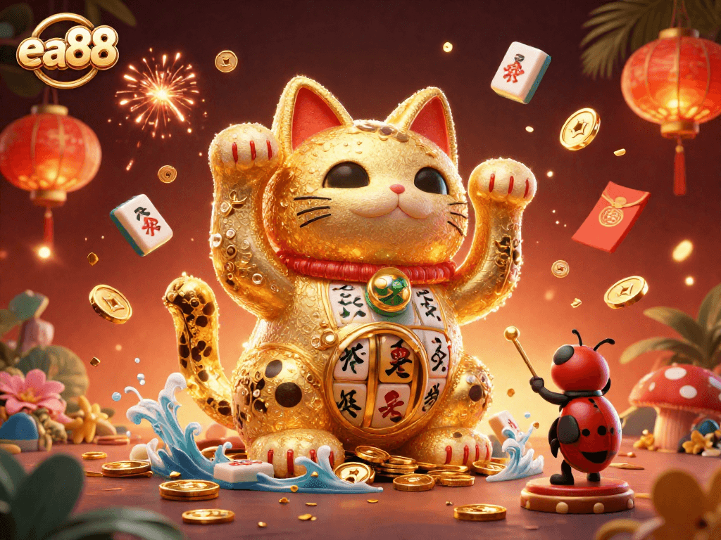 Engage with the festive energy of ea88 featuring a lucky cat and dynamic casino symbols in a vibrant 3D illustration.
