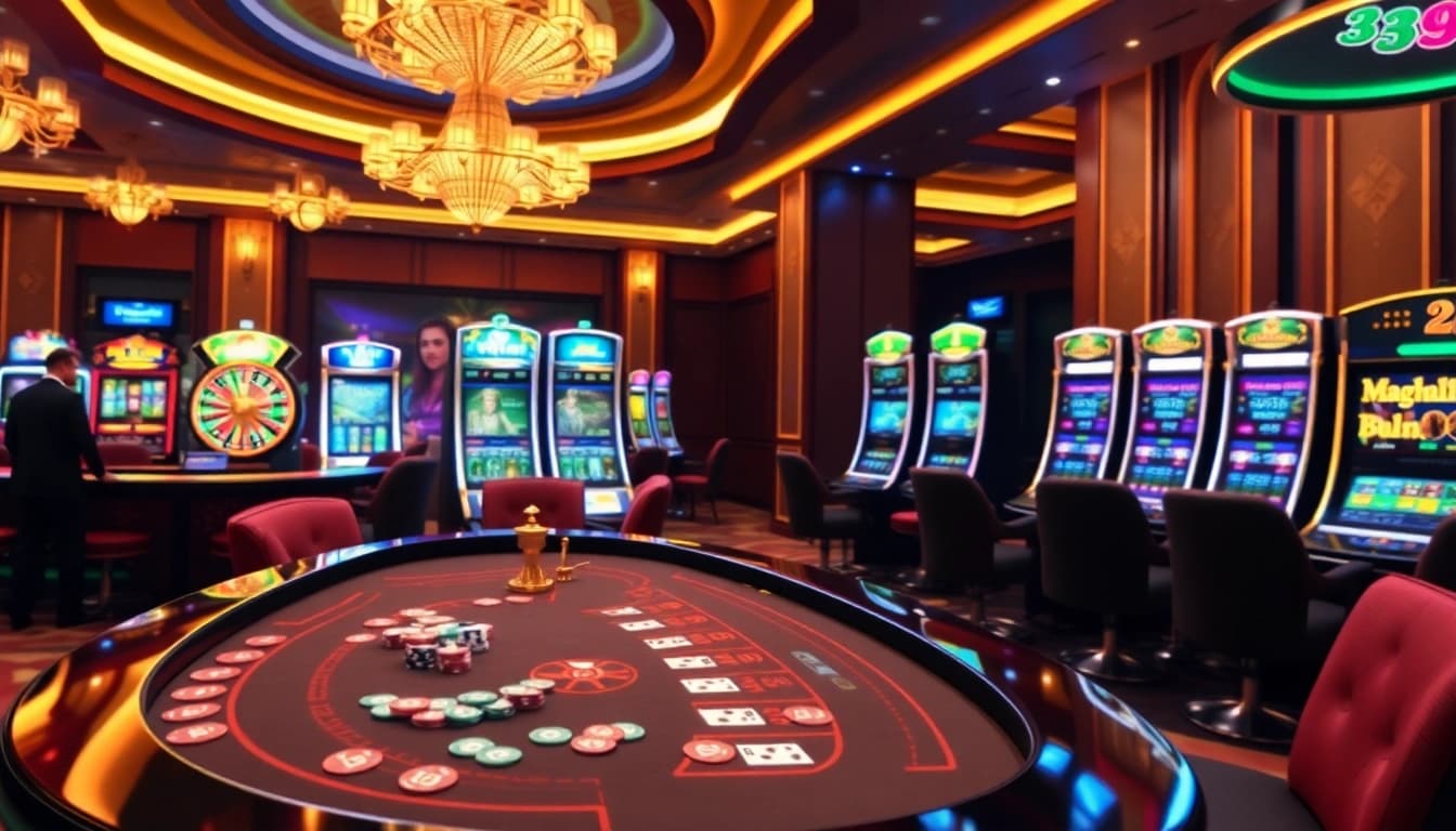 Experience the excitement at nhà cái 33Win with vibrant gaming tables, slot machines, and lively atmosphere.
