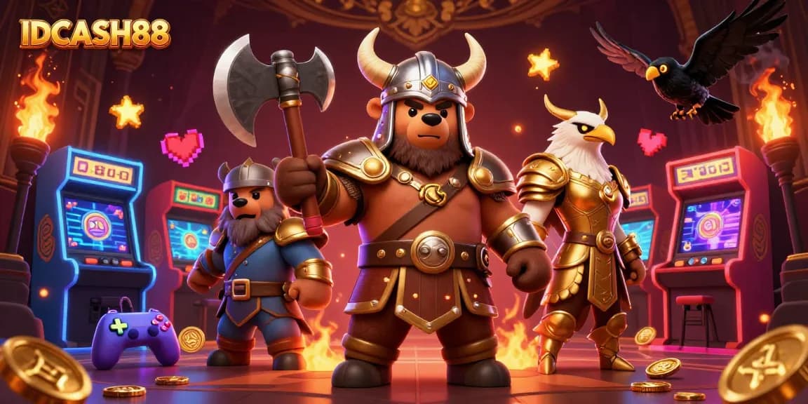 Experience thrilling gameplay with IDCASH88 featuring a Viking bear and Valkyrie eagle amidst vibrant casino elements.