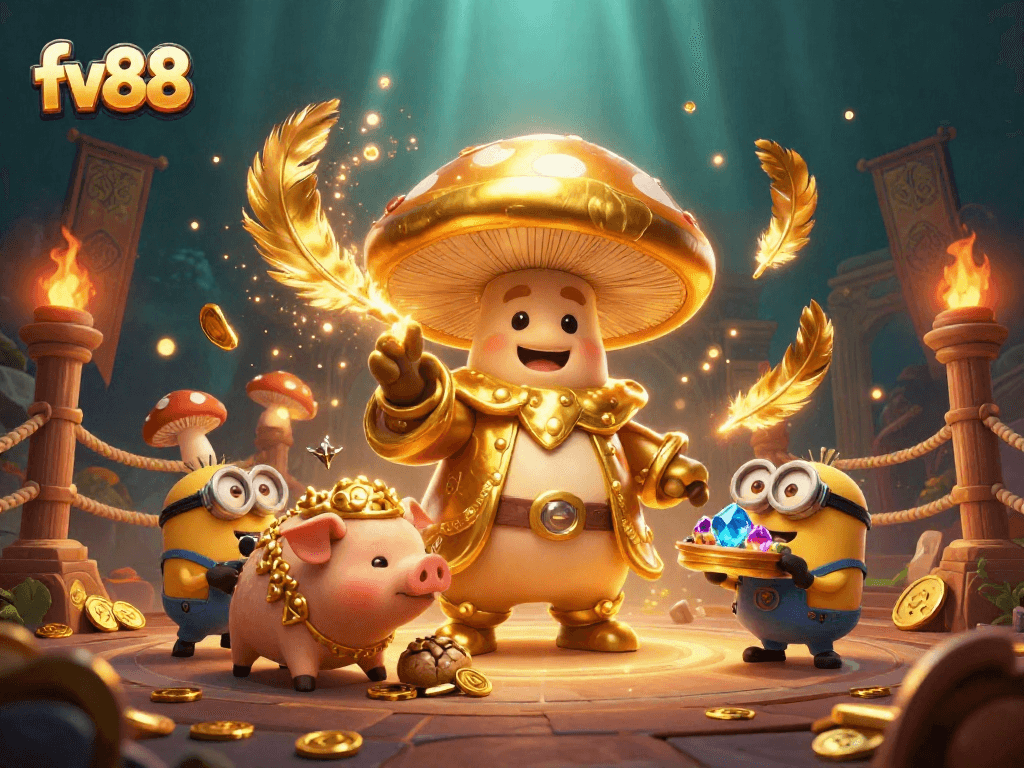 Spin to win with fv88's golden wizard and treasures in this vibrant 3D casino scene