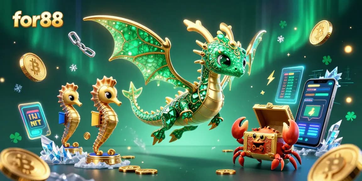 Play exciting games at for88 with a colorful 3D underwater scene featuring a sea dragon and crypto elements.
