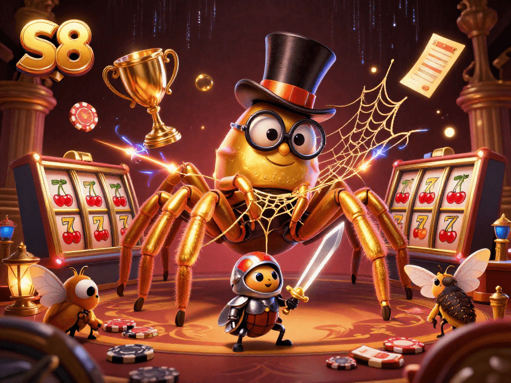 S8 offers an immersive gaming experience with glamorous casino elements featuring a golden tarantula and beetle knight in a dazzling illustration.