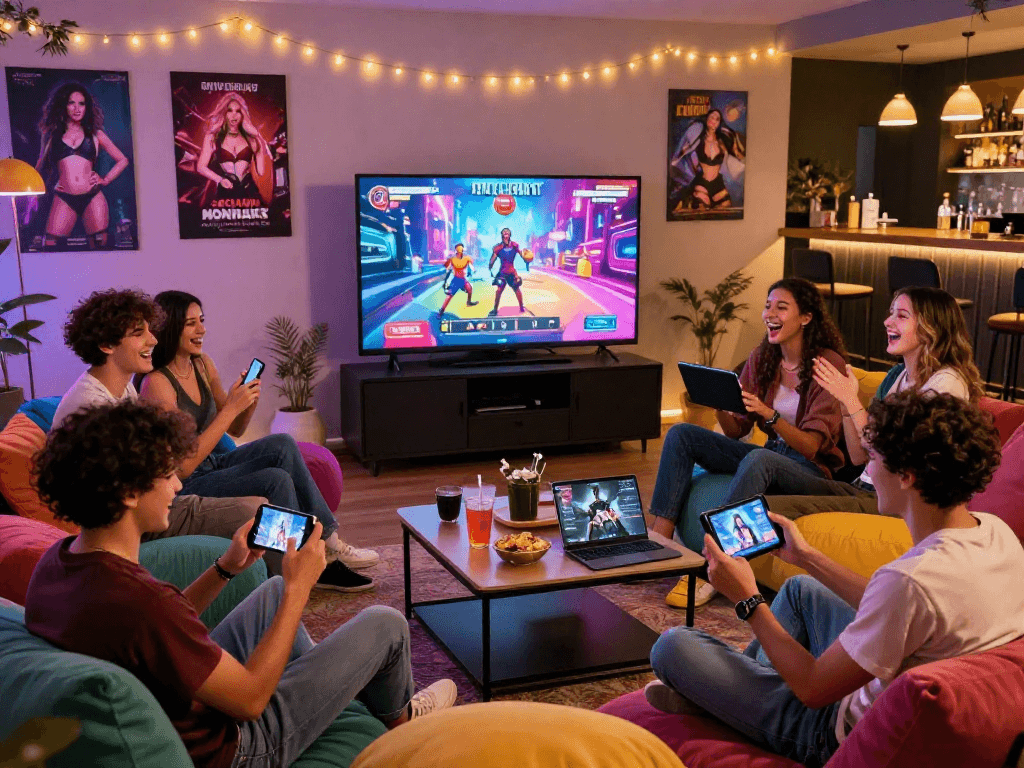 Engaging gaming scene with diverse players enjoying game sex on tablets and smartphones in a cozy lounge setting.
