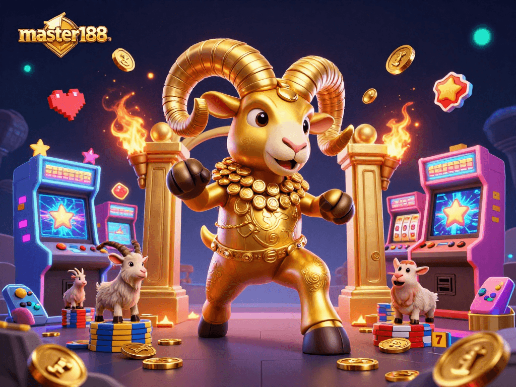Engage with master188's vibrant gaming world featuring an ultra-detailed 3D scene with a golden ram amidst casino elements.