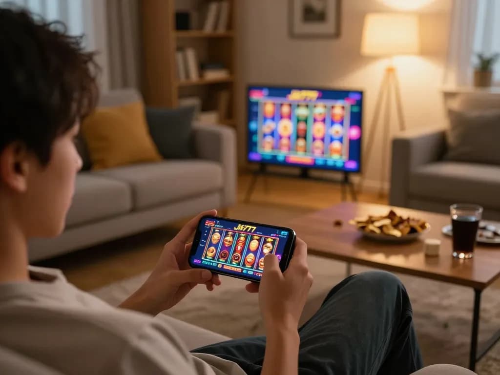 Engaging moment of a player enjoying Jili777 mobile casino app with smartphone in a cozy home