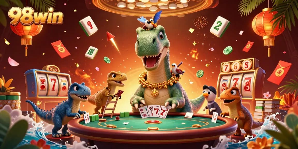 Experience fun gaming at 98win with a vibrant casino scene featuring dinosaurs and festive elements.