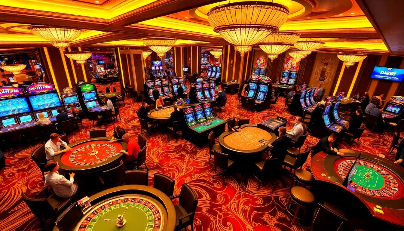 Experience the excitement of LINK DA88 in this luxurious casino scene filled with vibrant games.