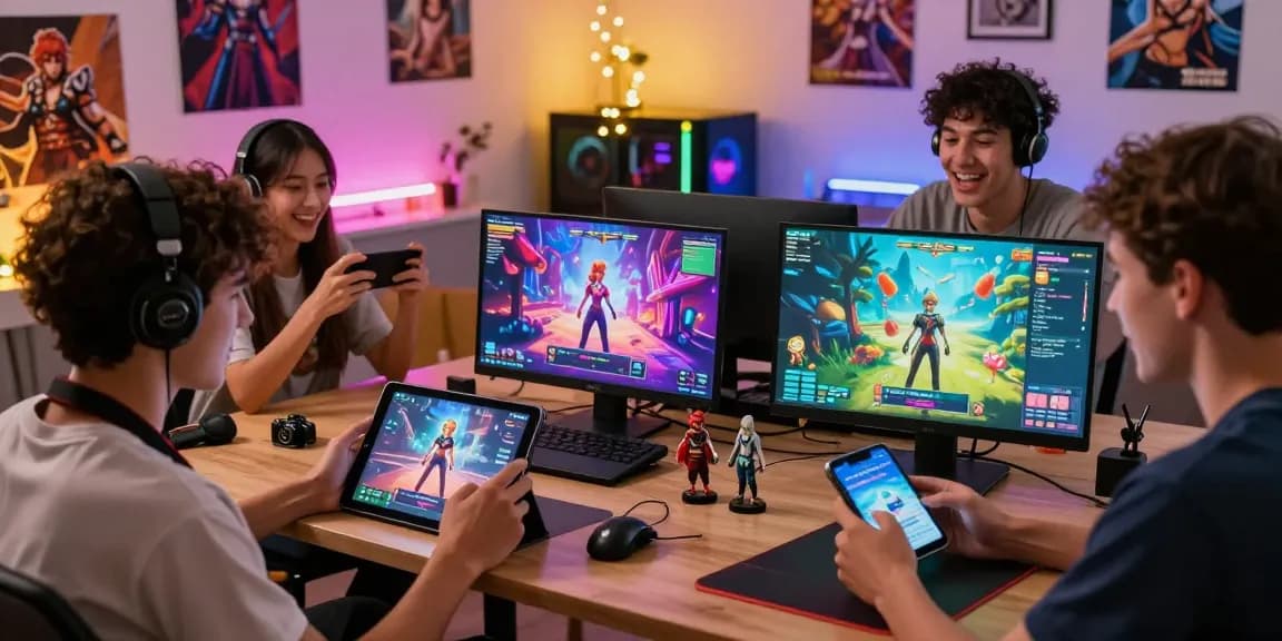 Players enjoying hentai games online in a cozy gaming space filled with devices and vibrant decor, showcasing multiplayer fun.