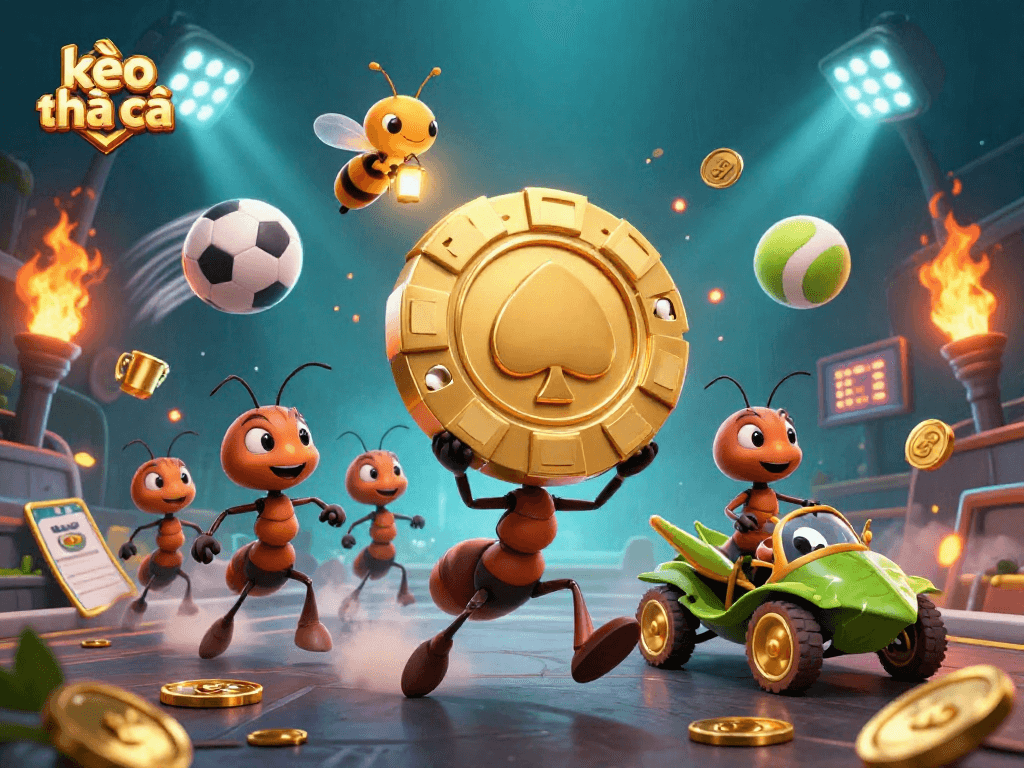 Engage in kèo nhà cái action with a heist scene featuring animated ants and sports elements.