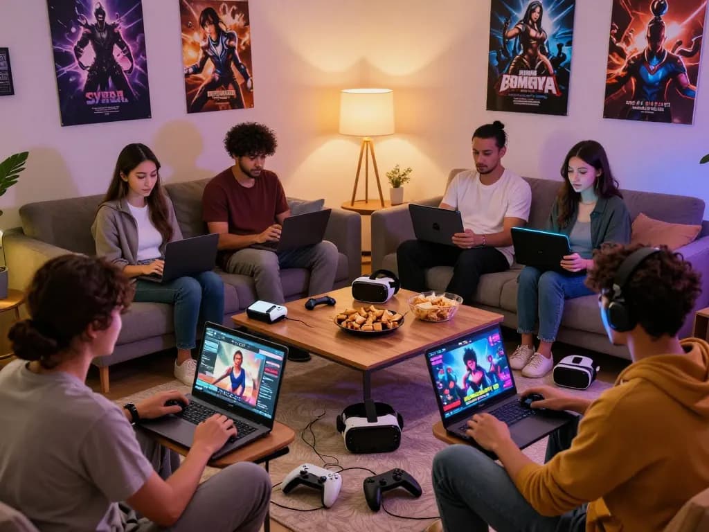 Engaged adults playing hentai games in a cozy living room with gaming devices.