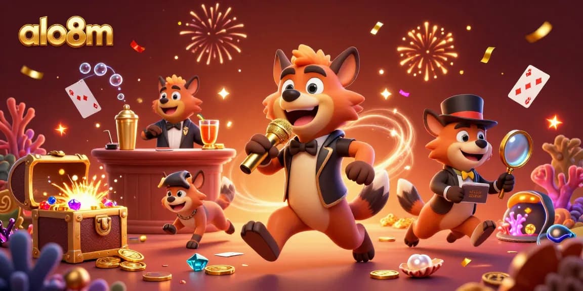 Engage with the fun casino vibes of alo8m featuring hyenas in a comedy club, surrounded by treasure and games.