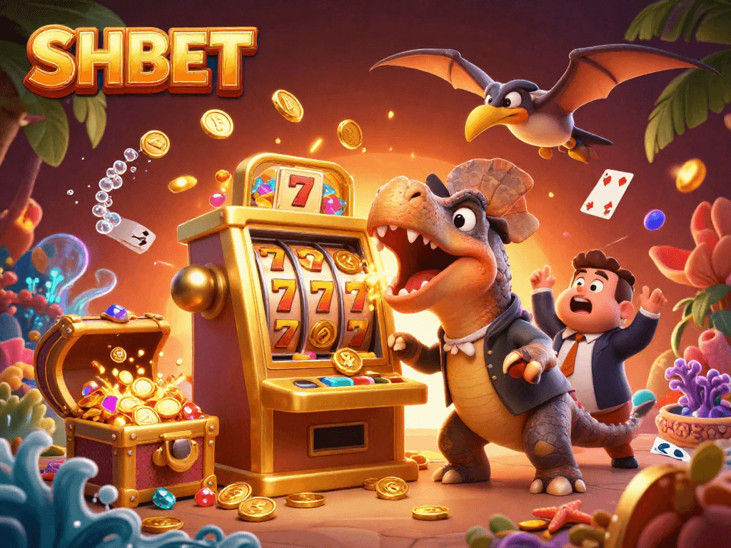 Experience SHBET's thrilling casino adventure with a pachycephalosaurus winning jackpots and a pteranodon collecting coins.