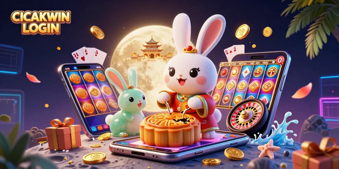 CICAKWIN LOGIN promotes engaging casino experiences with a vibrant moon rabbit illustration featuring slot machines and poker chips.