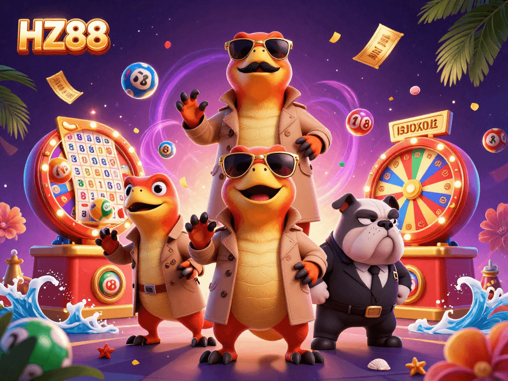 Elevate your game with HZ88's dynamic casino scene featuring playful raptors entering a lounge.