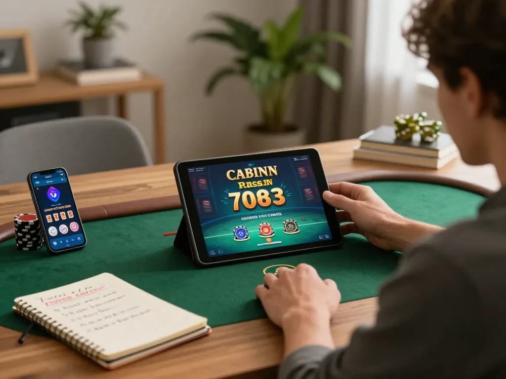 CM88 player strategizing for an online poker game in a cozy home setting