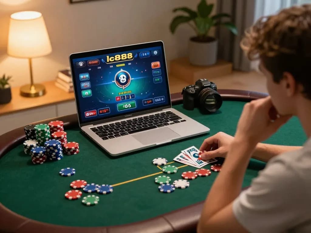 Player strategizing in an online poker game on lc888, with colorful chips and a laptop screen showing gameplay.