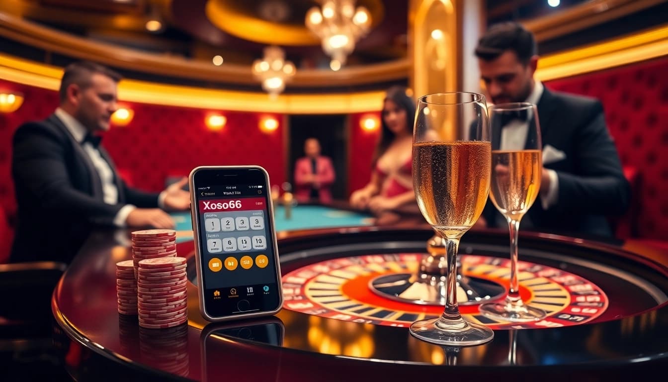 Xoso66 betting app displayed on a luxurious casino table with chips and a glass of champagne.