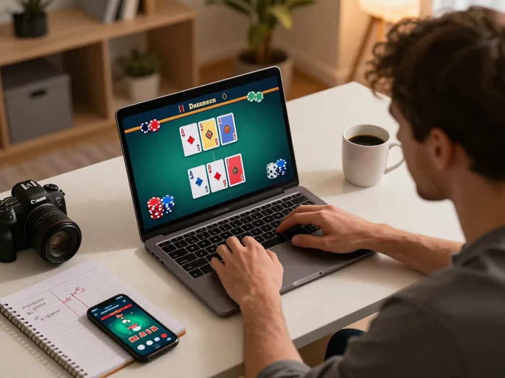 Player engaging in an online poker game on a laptop, showcasing SC88 casino strategy while enjoying a comfortable home setting.