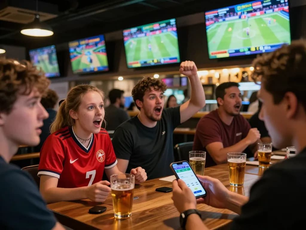 Fans enjoying live sports betting with the hi88 app on smartphone in a lively sports bar atmosphere.