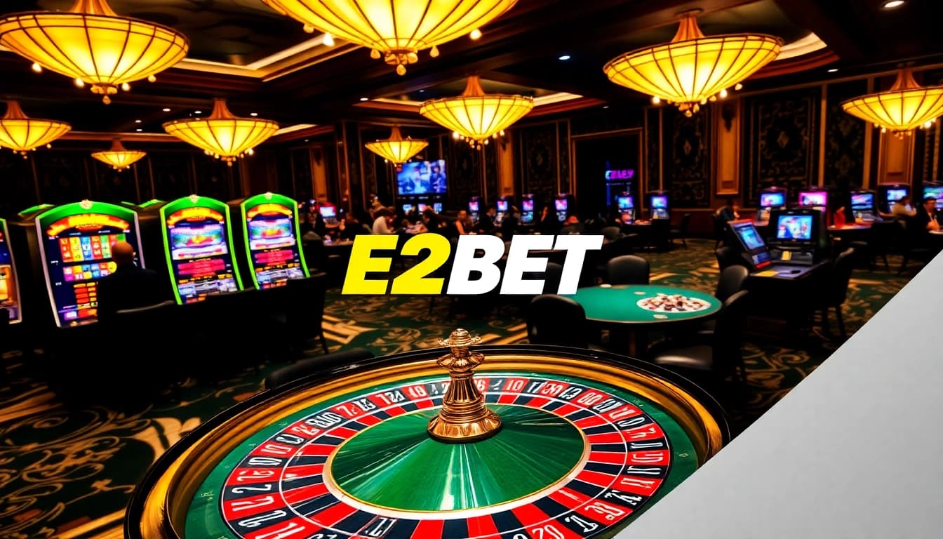 Experience the E2BET game excitement at an elegant casino with vibrant roulette and poker tables.