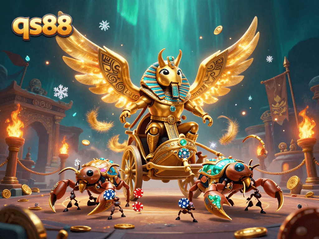 Experience thrilling gameplay at qs88 with a colossal golden scarab and stunning casino elements.