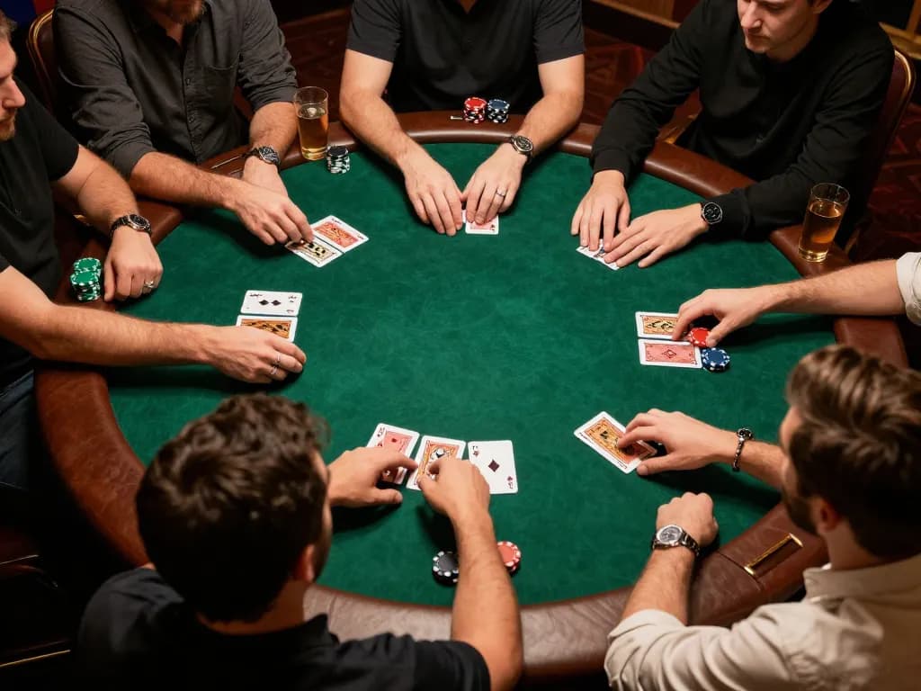 Engaging poker gameplay at https://rr88c.mobi/, intense players evaluating their hands amidst an atmosphere of excitement.