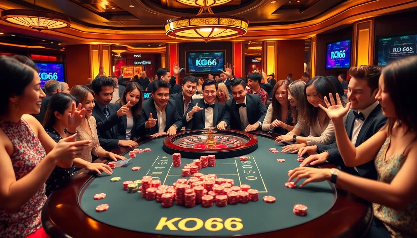 Các game thủ đang thưởng thức một trò chơi poker hấp dẫn tại casino KO66, được bao quanh bởi những chip poker đầy màu sắc.