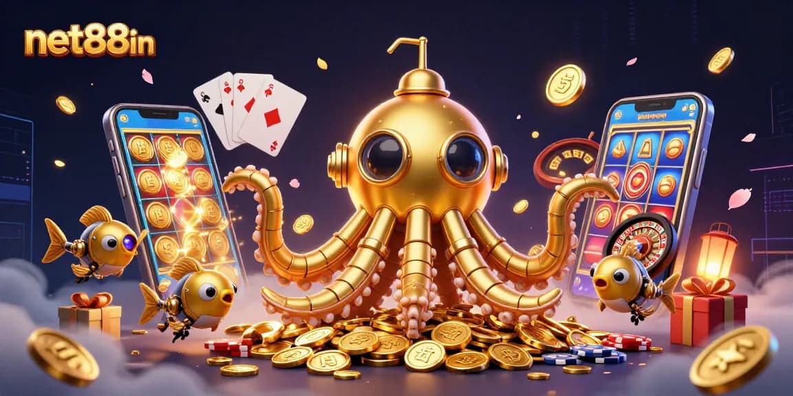 Engage in thrilling gameplay with net88in's golden kraken submarine amidst slot games and poker elements.