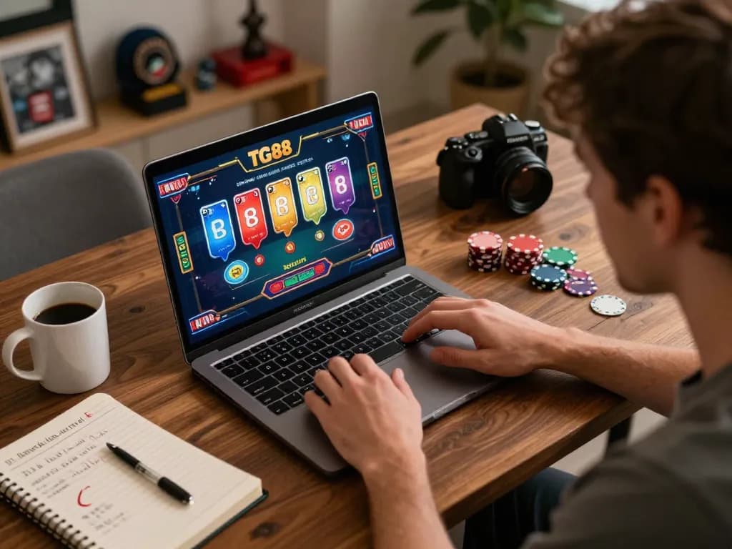 TG88 gaming session in home office, person engaged with poker game on laptop, strategic notes visible.