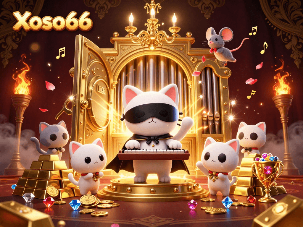 Experience the excitement of Xoso66's casino games with captivating characters and vibrant gold elements.