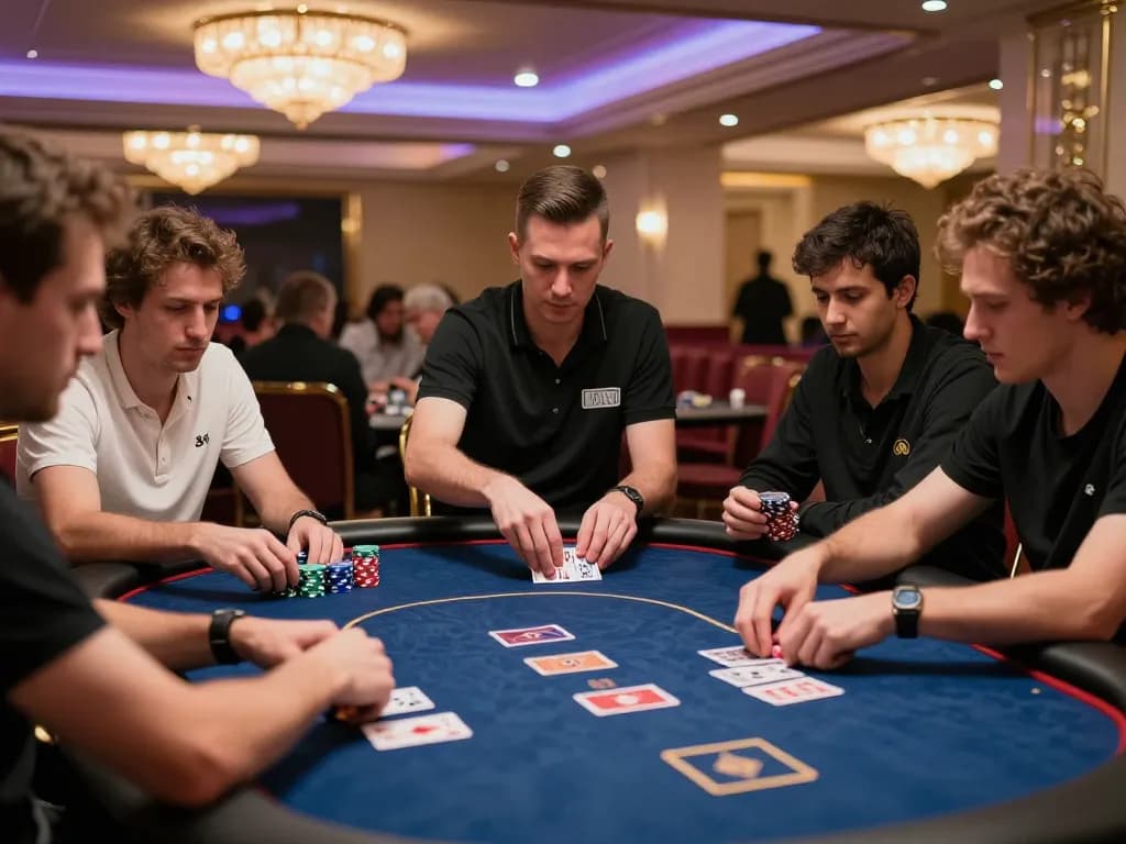 Win138 poker table action with players engaged in strategic gameplay, showcasing intense stakes.