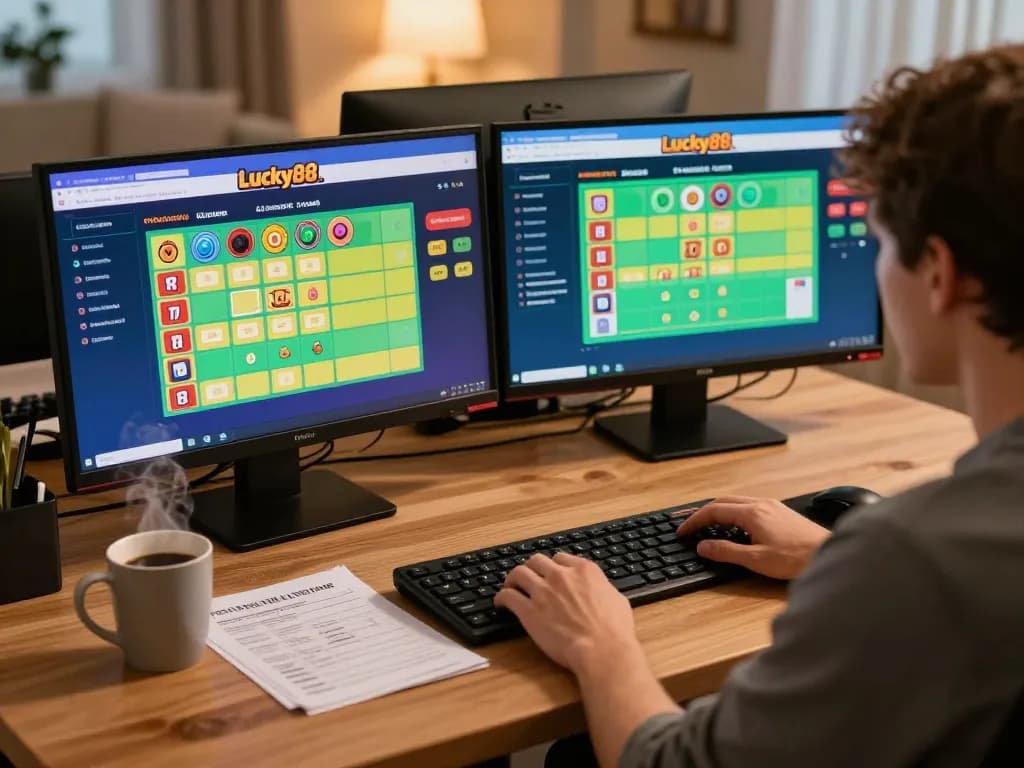 Person engaging with the Lucky88 online casino interface on dual screens, showcasing interactive gambling.