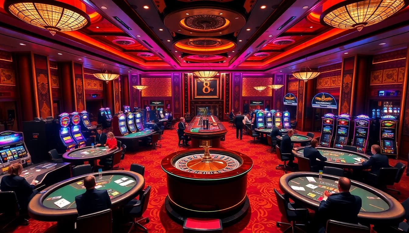 Excited players enjoying a vibrant casino experience at 8day with various games and a roulette wheel.