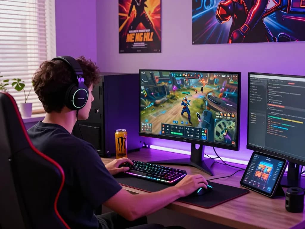 Engaged player at computer desk gaming on https://1gom.farm/ with vibrant setup and accessories.