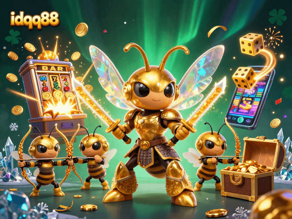 Experience winning excitement at idqq88 with dynamic symbols from a slot machine and 3D characters in a vibrant casino setting.