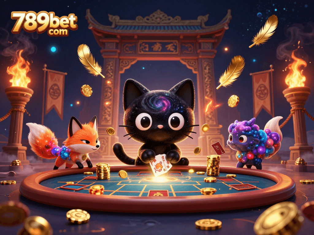 Join the cosmic fun at 789bet com, where a black hole cat and colorful fox bring gaming excitement to life!